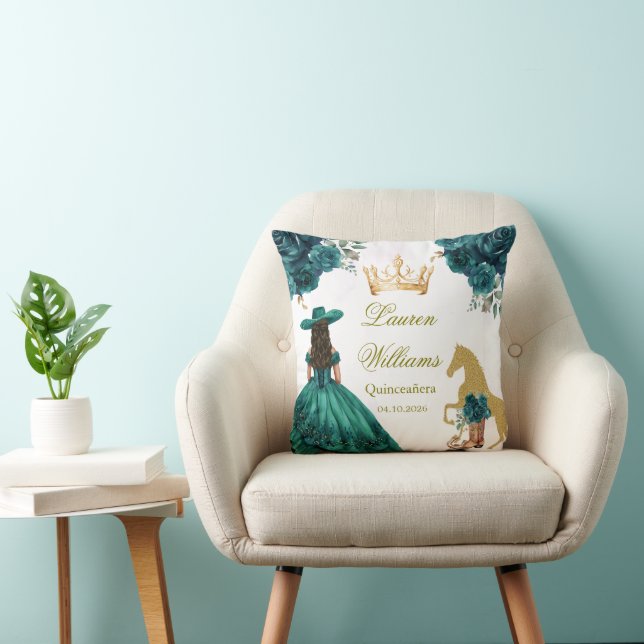 Emerald Gold Cowgirl Quinceanera Party  Throw Pillow (Chair)
