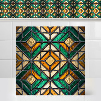 Emerald Gold Diamond Cathedral Stained Glass Motif Ceramic Tile