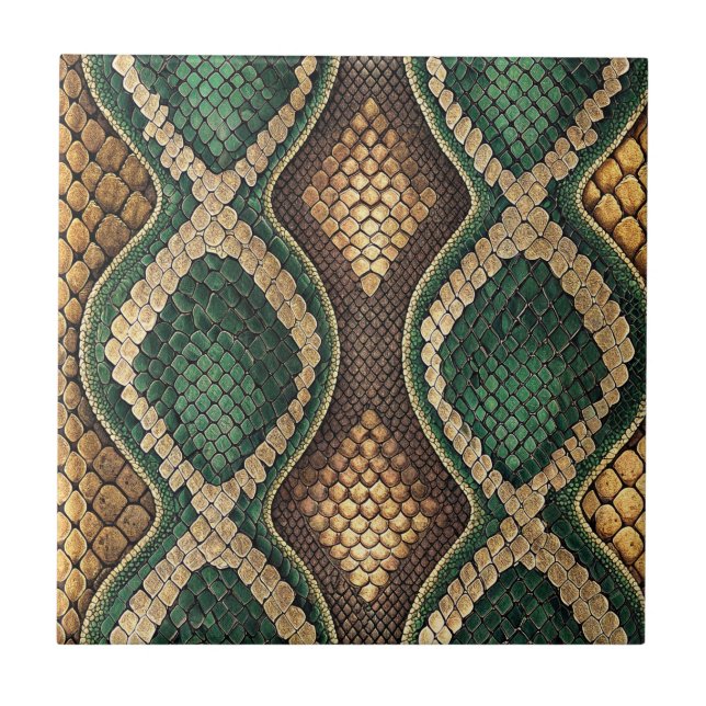 Emerald & Gold Diamond Snake Skin Pattern Design Ceramic Tile (Front)