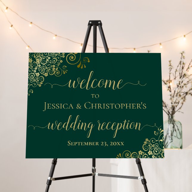 Emerald & Gold Elegant Wedding Reception Welcome Foam Board (In Situ (Stand))