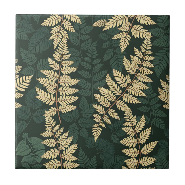 Emerald Gold Fern Forest Pattern Ceramic Tile (Front)