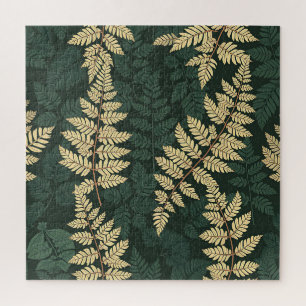 Emerald Gold Fern Forest Pattern Jigsaw Puzzle