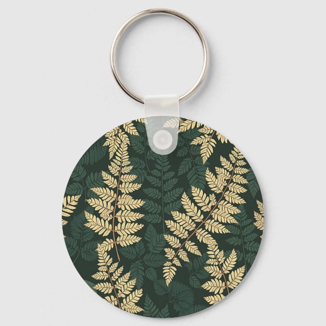 Emerald Gold Fern Forest Pattern Keychain (Front)