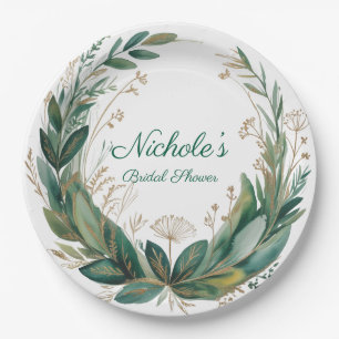 Emerald & Gold Floral Bridal Shower Paper Plates
