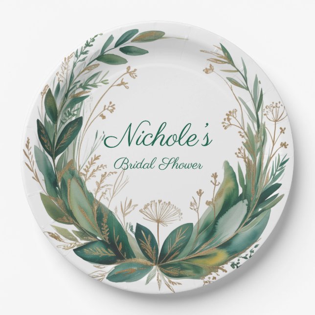 Emerald & Gold Floral Bridal Shower Paper Plates (Front)