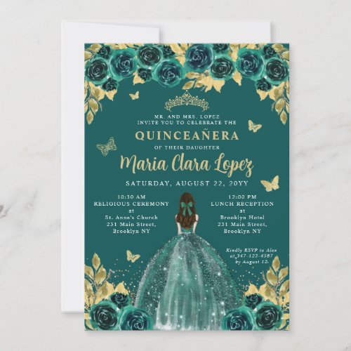 Emerald Gold Floral Butterfly Princess Quinceanera Invitation