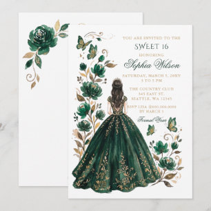 Emerald Gold Floral Butterfly Princess Sweet 16 Invitation