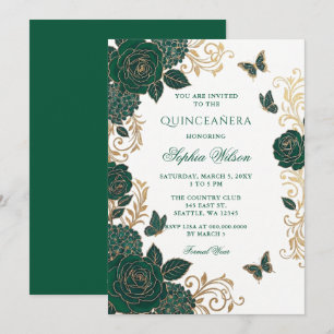 Emerald Gold Floral Butterfly Quinceañera Invitation