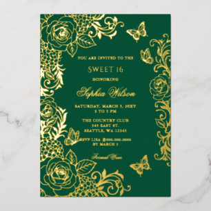 Emerald Gold Floral Butterfly Sweet 16 Foil Invitation
