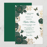 Emerald Gold Floral Butterfly Sweet 16