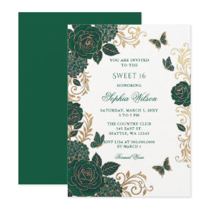 Emerald Gold Floral Butterfly Sweet 16 Invitation