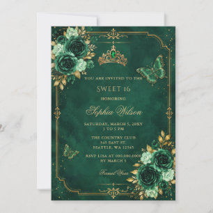 Emerald Gold Floral Butterfly Sweet 16 Invitation