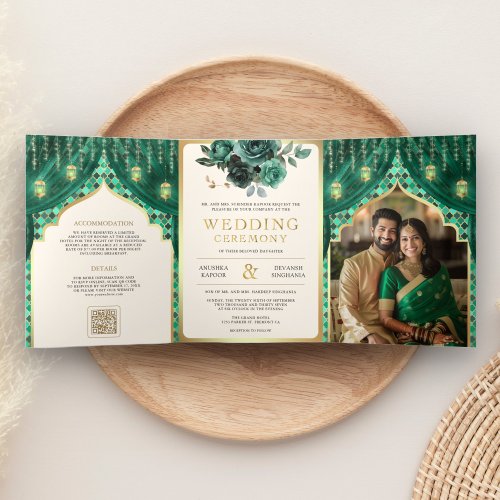Emerald Gold Floral Curtain Indian Hindu Wedding Tri_Fold Invitation