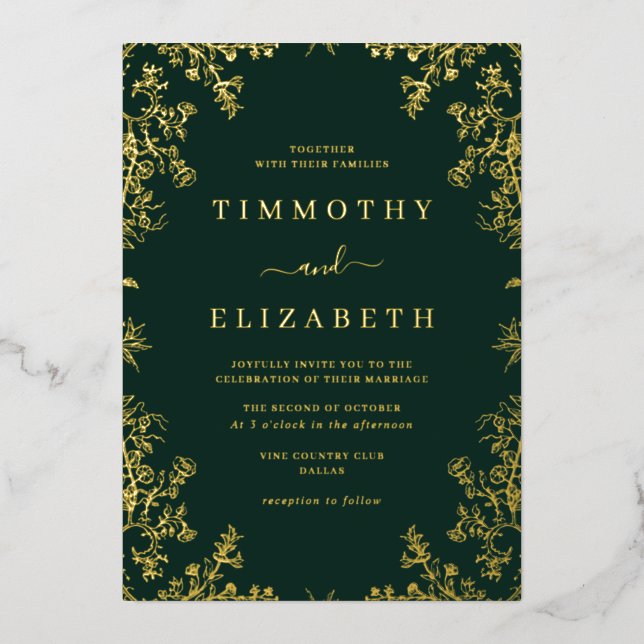 Emerald Gold Floral Elegant Wedding Foil Invitation (Front)
