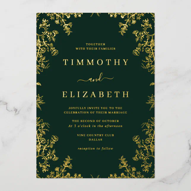 Emerald Gold Floral Elegant Wedding Foil Invitation | Zazzle