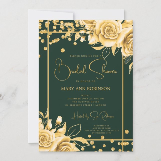 Emerald Gold Floral Glitter Bridal Shower Invitation (Front)
