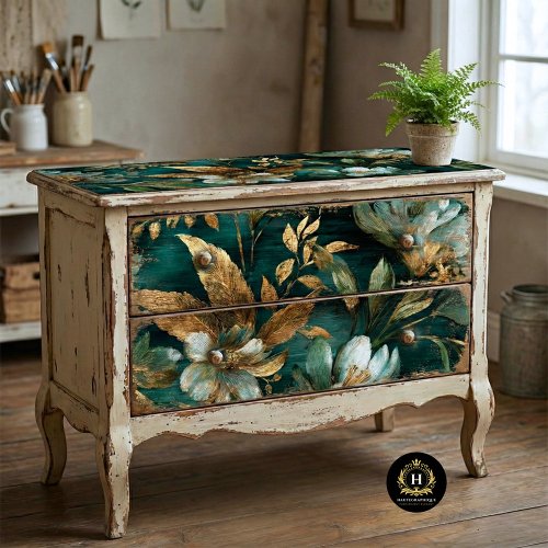 Emerald Gold Floral Seamless Decoupage Tissue Paper