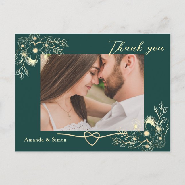 Emerald Gold Floral Wedding Thank You Postcard (Front)