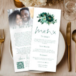 Emerald Gold Florals Love Story Wedding Menu Card<br><div class="desc">Emerald Gold Florals Love Story Photo Wedding Menu Card. Available digitally and printed. A dual purpose design. Beautiful flowers are at the top, with an elegant script for Menu and easy to personalise the rest of the text to your requirements. On the back add your love story, photo and a...</div>