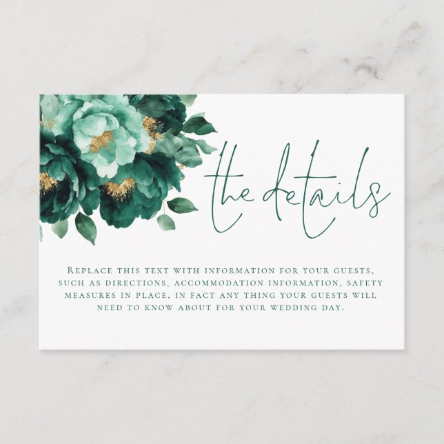 Emerald Gold Florals QR Code Details Wedding Enclosure Card (Front)