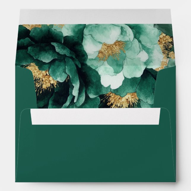 Emerald Gold Florals Return Name Address Wedding Envelope (Back (Bottom))