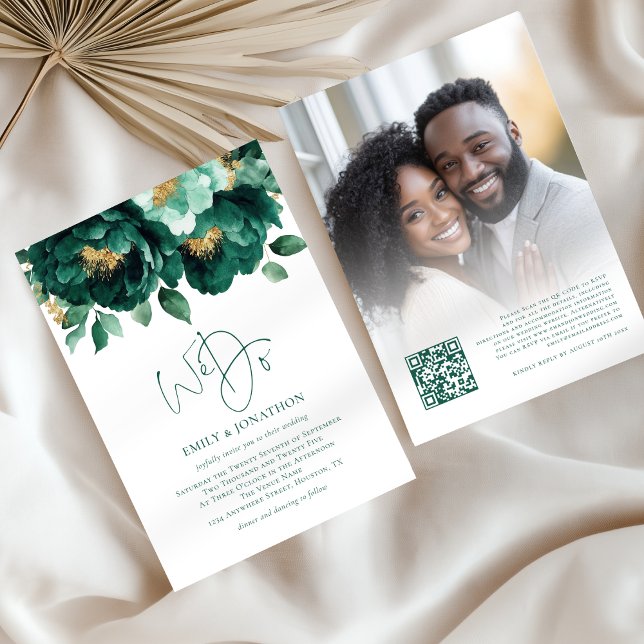 Emerald Gold Flowers Photo QR Code Wedding Invitation (Front and back view)