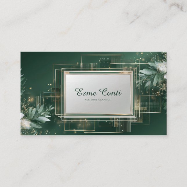 Emerald Gold Geometric Eucalyptus Luxury Modern Business Card (Front)