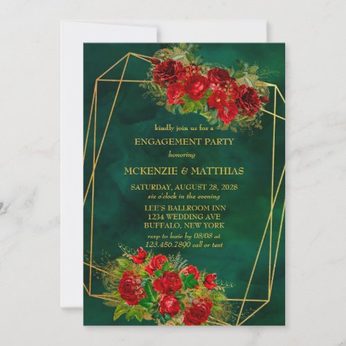 Emerald Gold Geometric Red Floral Engagement Party Invitation