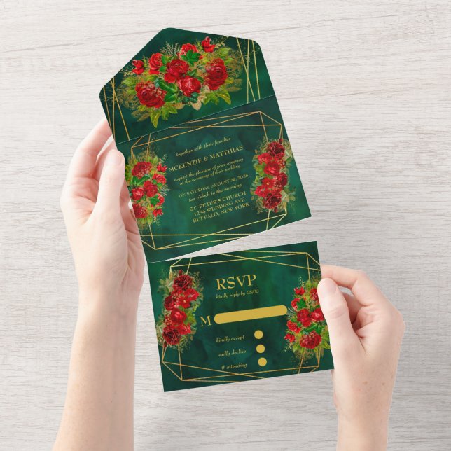 Emerald Gold Geometric Red Floral Wedding All In One Invitation (Tearaway)