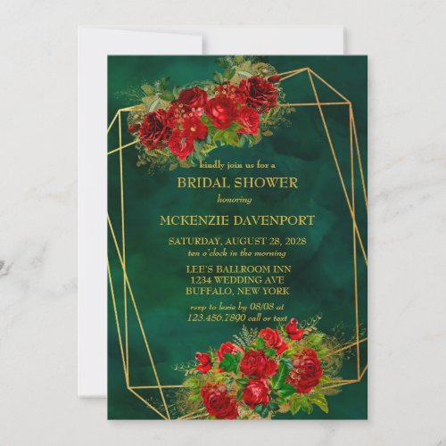 Emerald Gold Geometric Red Rose Bridal Shower Invitation