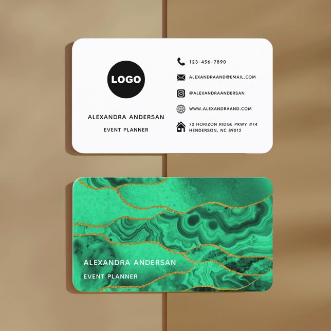 Emerald Gold Glitter Marble Agate Geode Business Card (Chic Emerald Green Gold Glitter Marble Agate Business Card)