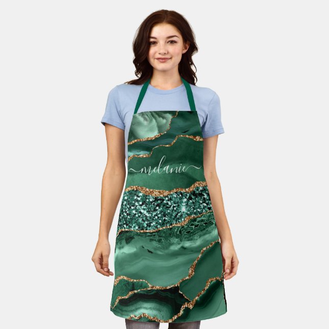 Emerald Gold Glitter Marble Custom Name Apron (Worn)