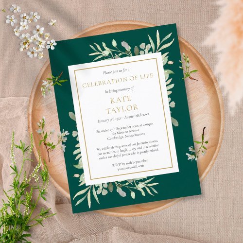 Emerald Gold Greenery Celebration of Life Funeral Announcement Postcard