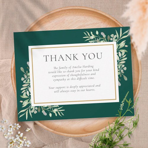 Emerald Gold Greenery Funeral Memorial Thank You Card