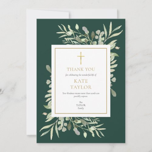 Emerald Gold Greenery Funeral Memorial Thank You Card