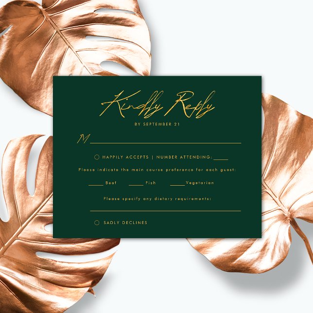 Emerald Gold Handwritten Script Elegant Wedding RSVP Card (Creator Uploaded)