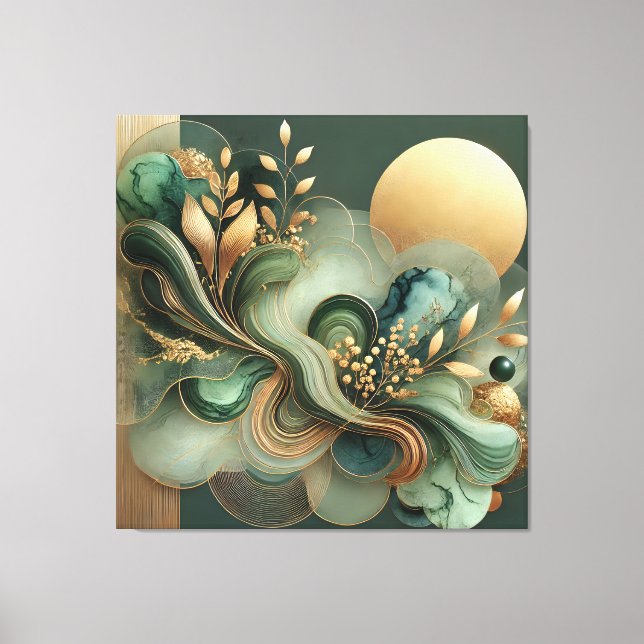 Emerald Gold Harmony Abstract Botanical Canvas Art (Front)