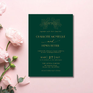 Emerald & Gold Holly Tree Leaves Luxury Wedding Invitation