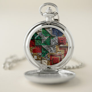 Emerald Gold Ivory Red Blue Giant Square Mosaic Pocket Watch