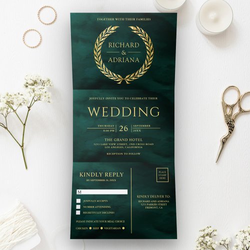 Emerald Gold Laurel Minimal All in One Wedding Tri_Fold Invitation