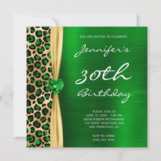 Emerald Gold Leopard Foil Gem Ribbon 30th Birthday Invitation (Front)