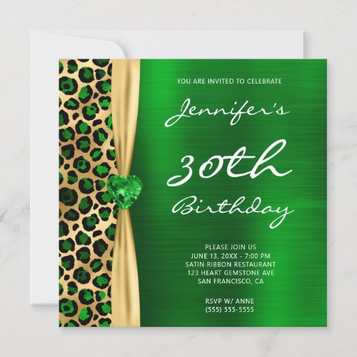 Emerald Gold Leopard Foil Gem Ribbon 30th Birthday Invitation