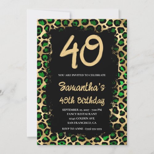 Emerald Gold Leopard Painted Black 40th Birthday Invitation