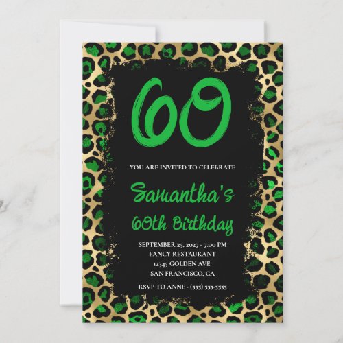 Emerald Gold Leopard Painted Black 60th Birthday Invitation