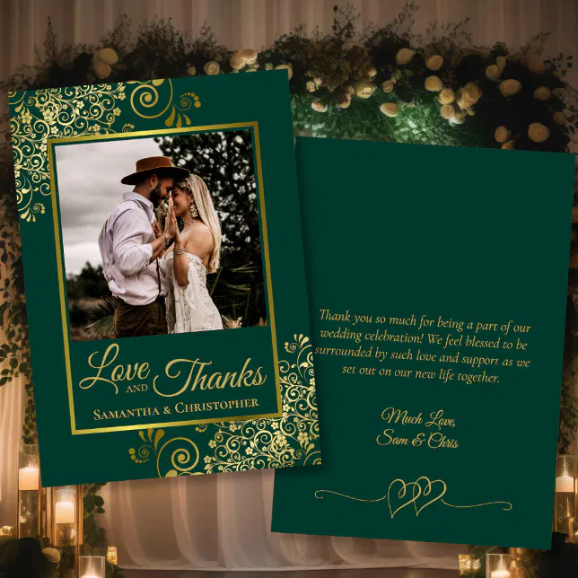 Emerald & Gold Love & Thanks Photo & Note Wedding Thank You Card | Zazzle
