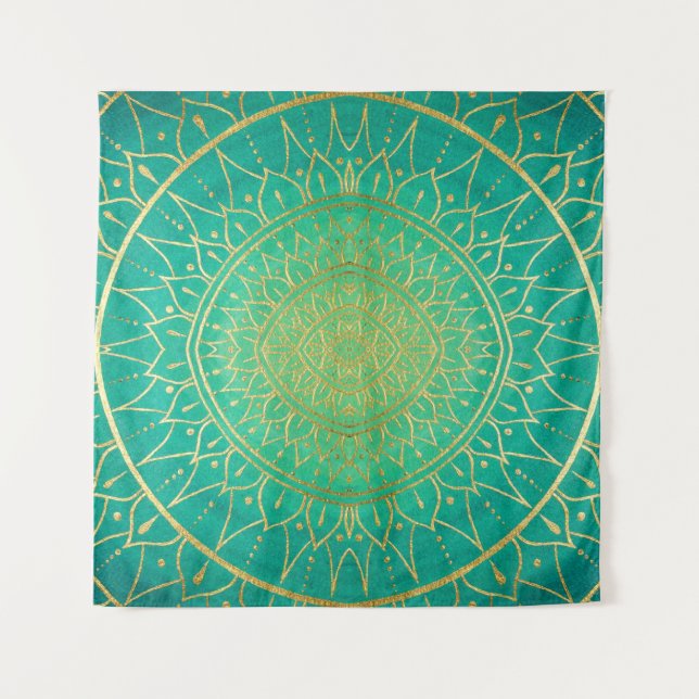 Emerald Gold Mandala Green Tapestry (Front)