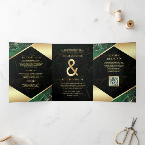 Emerald Gold Marble Ampersand QR Code Wedding Tri-Fold Invitation