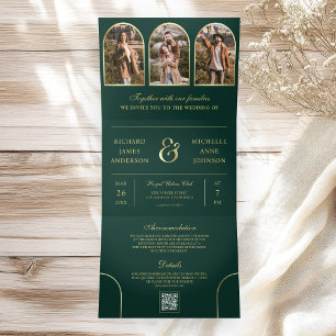 Emerald Gold Minimal Arch Photo QR code Wedding Tri-Fold Invitation
