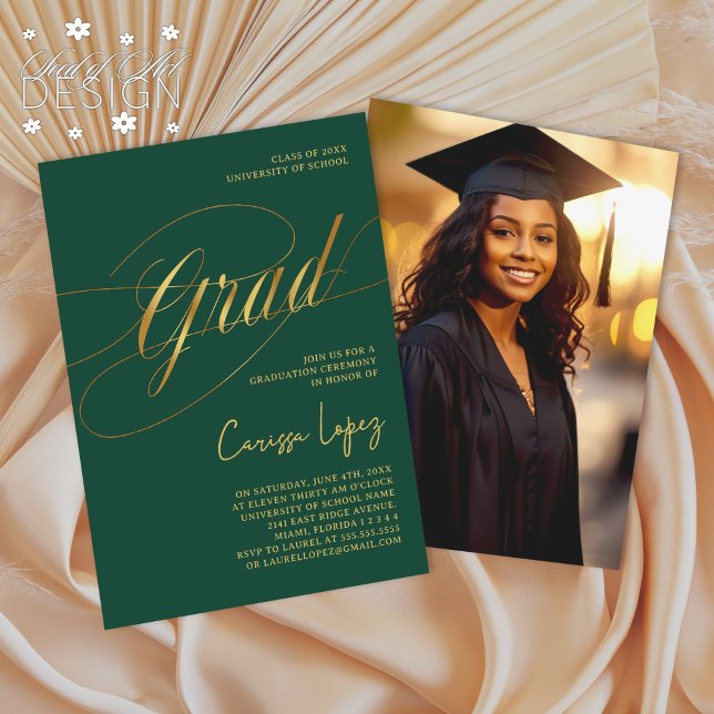 Emerald Gold Minimal Scripted Grad Ceremony Photo Invitation (Creator Uploaded)