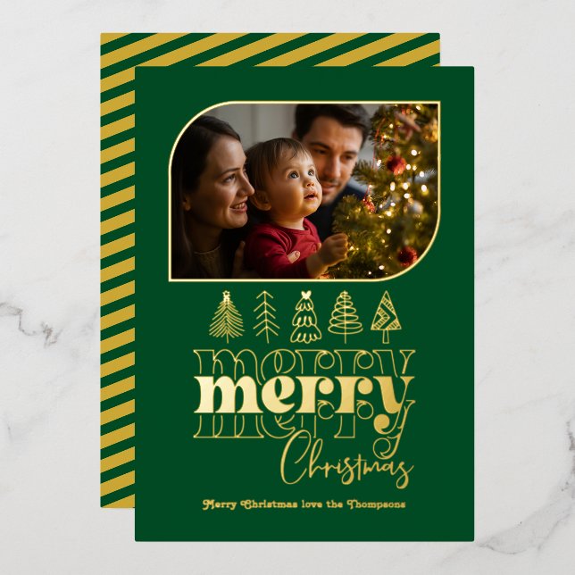 Emerald & Gold Modern Retro Doodle Christmas Photo Foil Holiday Card (Front/Back)